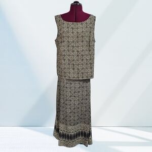 Liz Claiborne 100% Silk Matching Set Beaded Tank and Top Maxi Faux Wrap Skirt